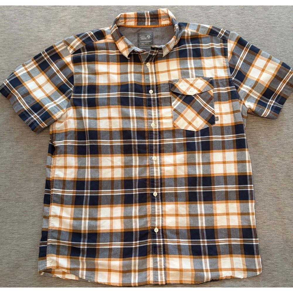 Mountain Hardwear Mens XL Plaid Short Sleeve Button Down Shirt Navy Orange White